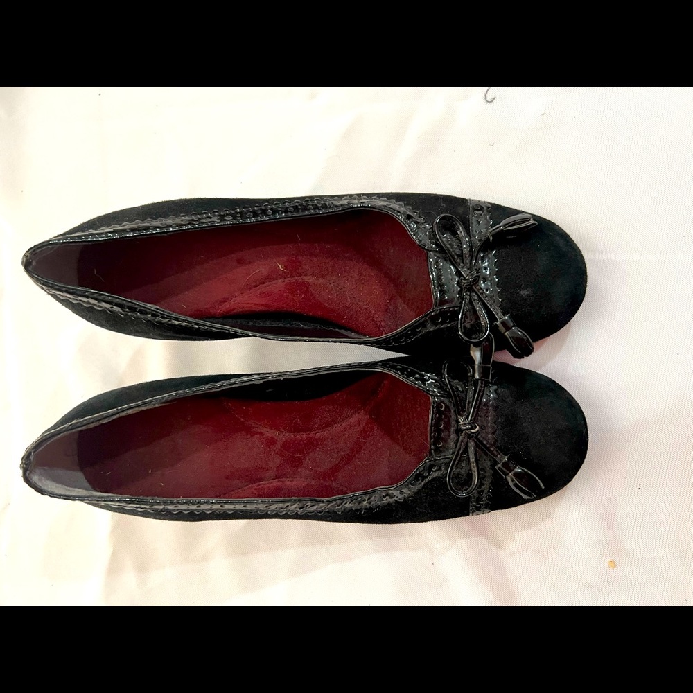 Black suede with patent leather trim & bow dress shoes, like new, only worn once